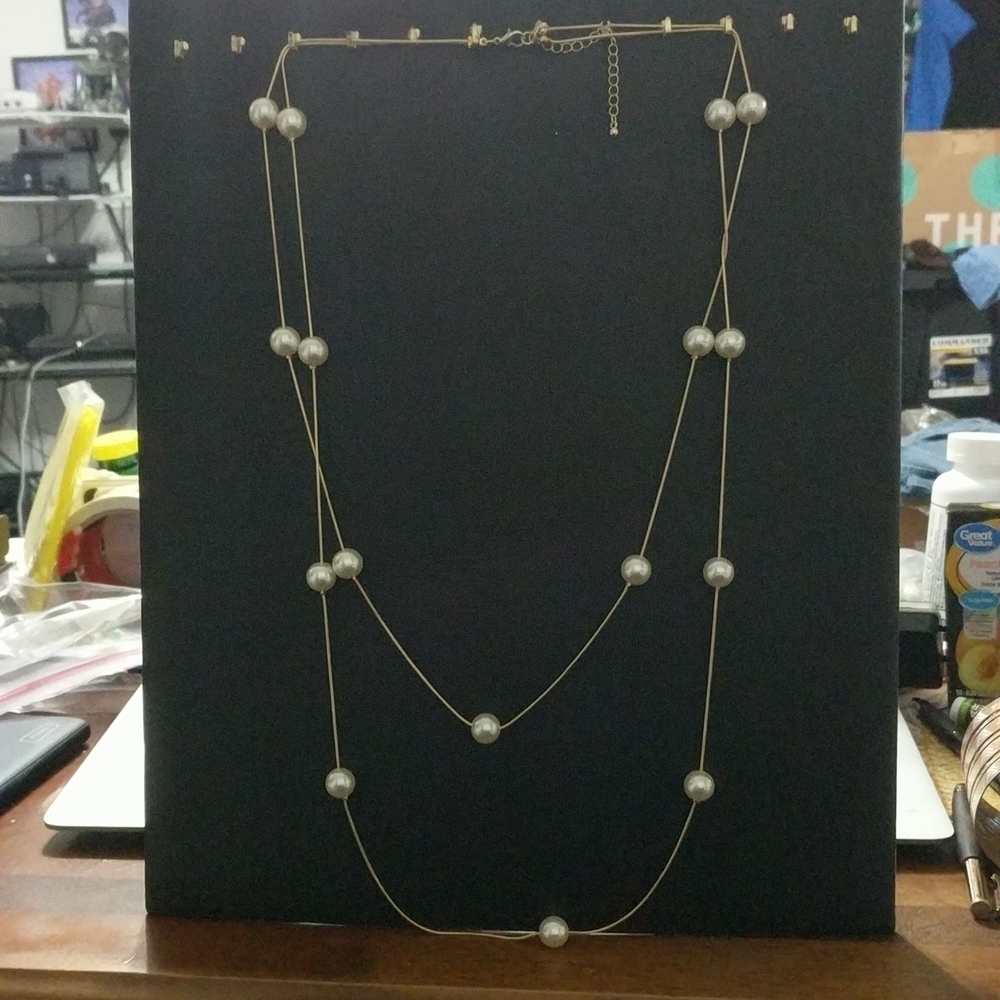 𝅺Gold Tone White Faux Pearl Beaded Two Strand Layered Long Statement Necklace
